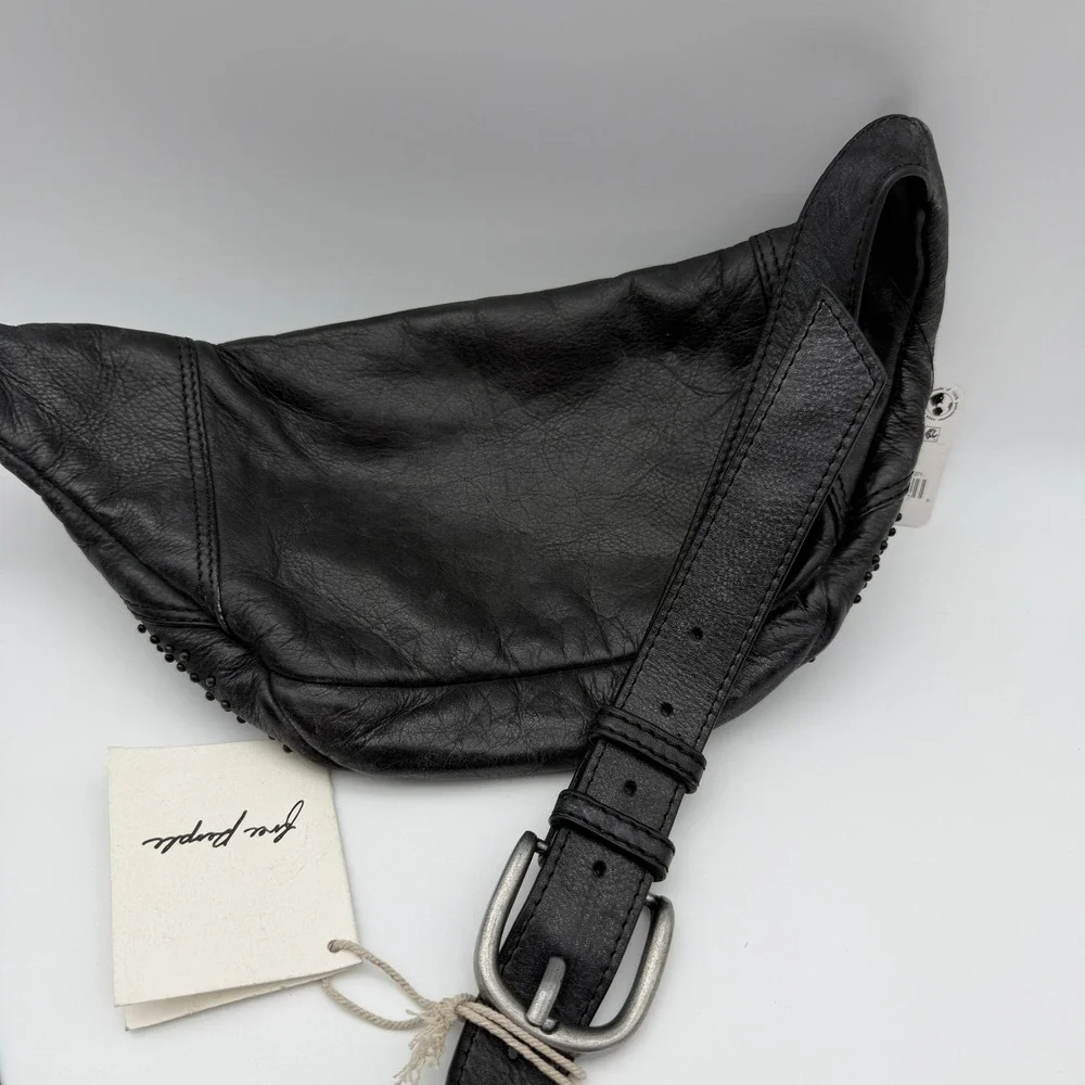 Free People Ana Adorned Sling Bag Black Leather Studded Crossbody Purse NWT